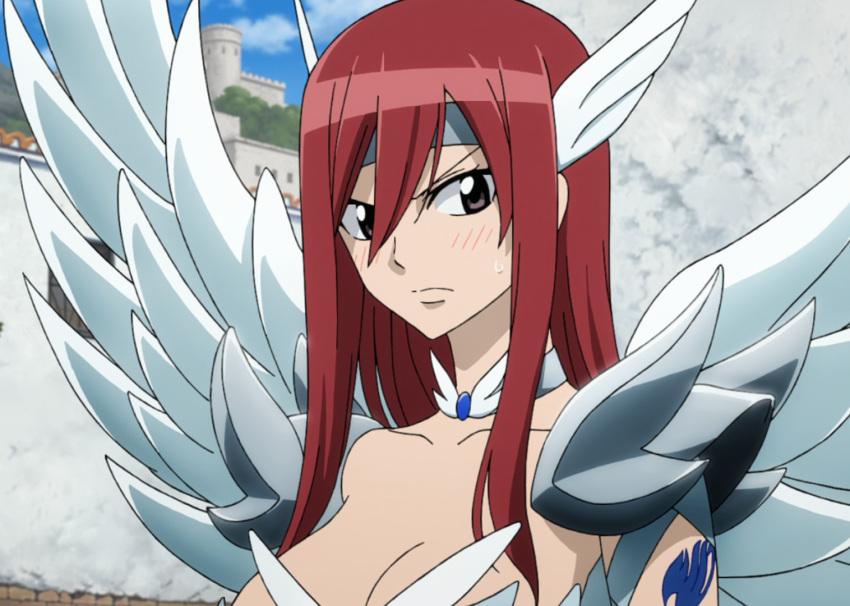 1girl armor blush breasts brown_eyes erza_scarlet fairy_tail female hair_over_one_eye large_breasts long_hair ponytail redhead solo tattoo wings