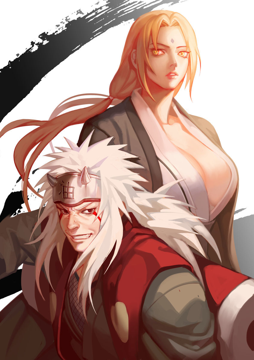 1boy 1girl blonde_hair breasts cleavage facial_mark fishnets forehead_mark highres jiraiya large_breasts looking_at_viewer low_twintails naruto noeunjung93 tsunade twintails upper_body white_hair
