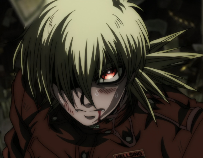 1girl angry blonde_hair blood breasts bruises hair_over_one_eye hellsing large_breasts military military_uniform red_eyes screencap seras_victoria short_hair solo uniform vampire