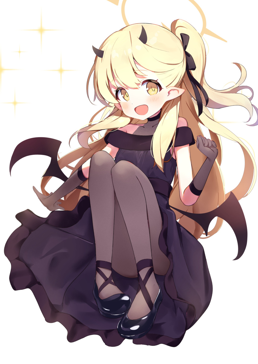 1girl :d absurdres bare_shoulders black_dress black_footwear black_horns black_pantyhose blonde_hair blue_archive demon_horns demon_wings dress elbow_gloves evening_gown gloves halo highres horns ibuki_(blue_archive) ibuki_(dress)_(blue_archive) low_wings no_tail official_alternate_costume pantyhose pointy_ears side_ponytail sleeveless sleeveless_dress smile sparkle white_background wings yamada_auto yellow_eyes yellow_halo