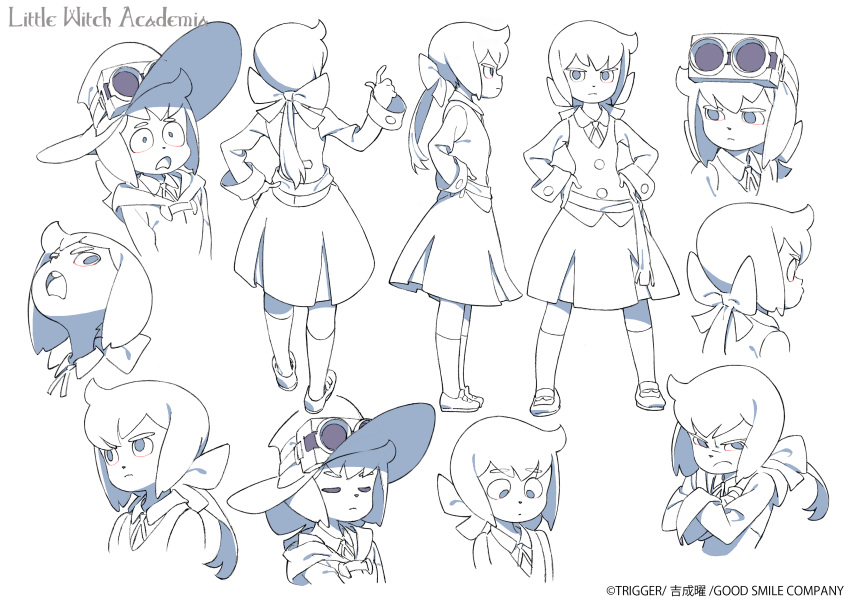 1girl absurdres blue_eyes bow character_sheet constanze_braunschbank_albrechtsberger expressions frown goggles hair_bow hands_on_hips hat highres little_witch_academia little_witch_academia_2 long_hair multiple_views open_mouth ponytail pout skirt standing surprised sweater_vest traditional_media trigger_(company) witch witch_hat