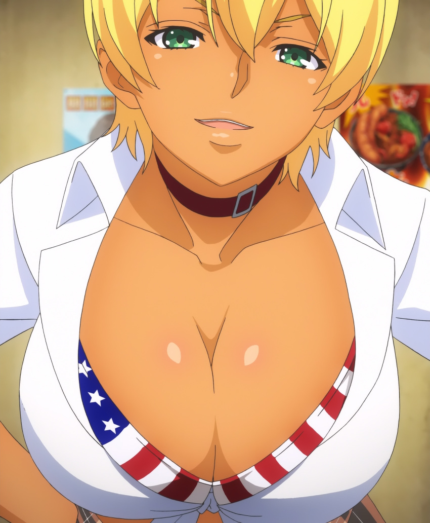 1girl blonde_hair breasts cleavage collar dark_skin female flag_print green_eyes highres large_breasts mito_ikumi screencap shokugeki_no_souma short_hair solo stitched