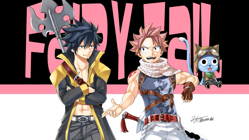 2boys artist_name black_hair cat fairy_tail gray_fullbuster happy_(fairy_tail) highres mashima_hiro multiple_boys muscle natsu_dragneel official_art pink_hair spiky_hair tattoo wallpaper