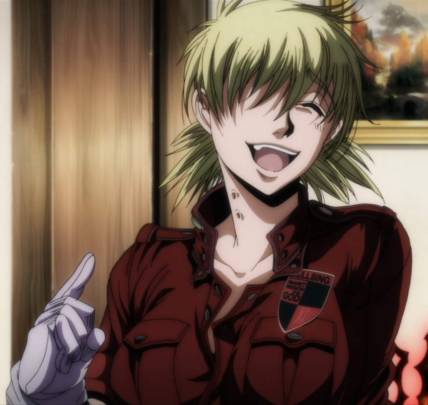 1girl aura bite_mark blonde_hair breasts female hair_over_one_eye hellsing large_breasts military military_uniform red_eyes screencap seras_victoria short_hair smile solo uniform vampire