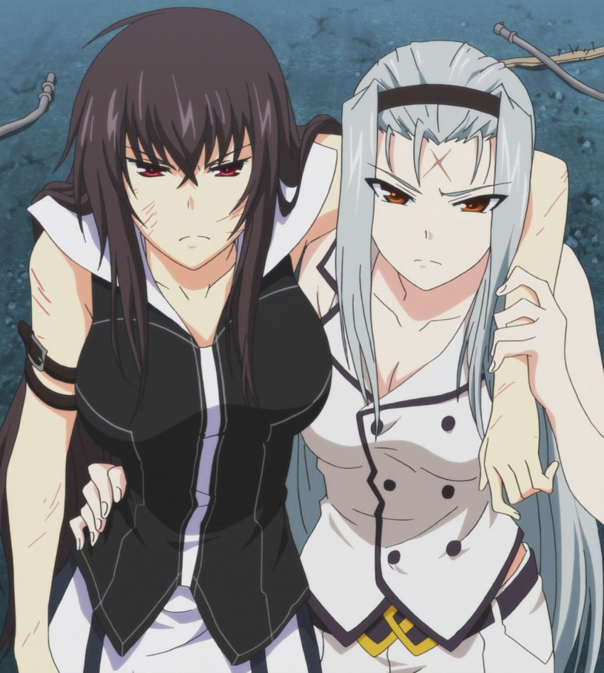 2girls angry breasts brown_eyes brown_hair cleavage female kawakami_momoyo kuki_ageha large_breasts long_hair looking_at_viewer maji_de_watashi_ni_koi_shinasai! multiple_girls red_eyes scar screencap silver_hair stitched