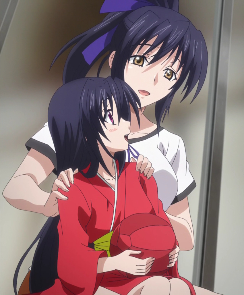 2girls black_hair breasts female high_school_dxd himejima_akeno himejima_shuri large_breasts long_hair mother_and_daughter multiple_girls sitting smile stitched violet_eyes younger