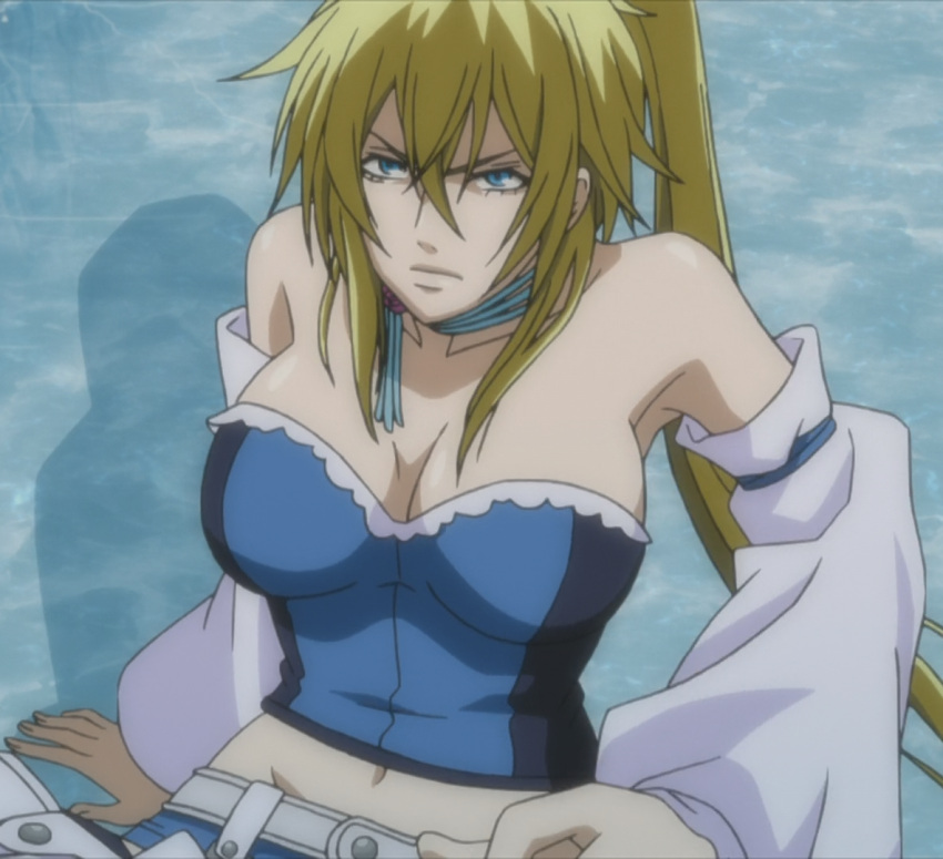 1girl anastasia_(brave_10) bare_shoulders blonde_hair blue_eyes brave_10 breasts cleavage corset female large_breasts long_hair midriff navel ponytail screencap solo