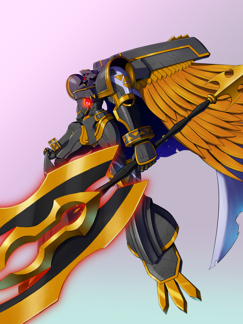 alphamon armor bandai cape digimon full_armor horns kazkazkaz monster no_humans royal_knights solo sword wings