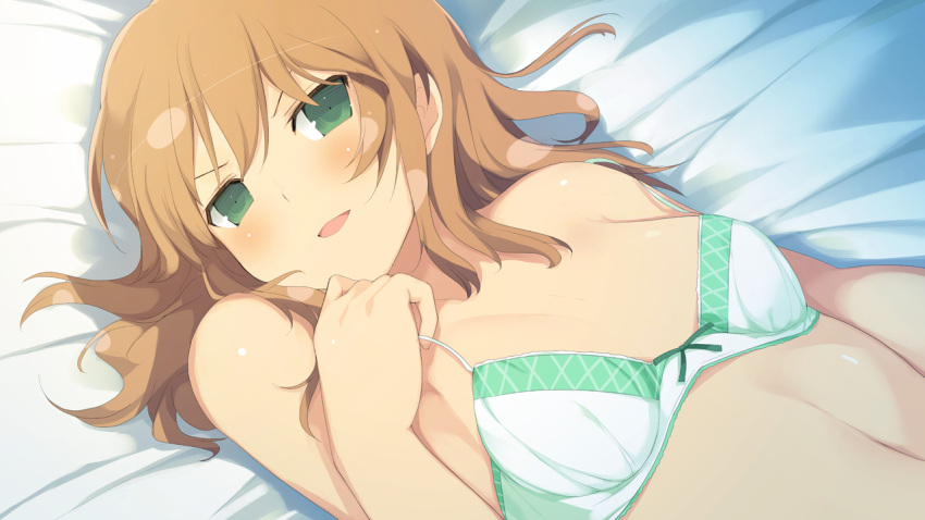 1girl bed blush bra breasts brown_hair evenicle game_cg green_eyes kathryn long_hair looking_at_viewer lying navel open_mouth small_breasts solo underwear yaegashi_nan