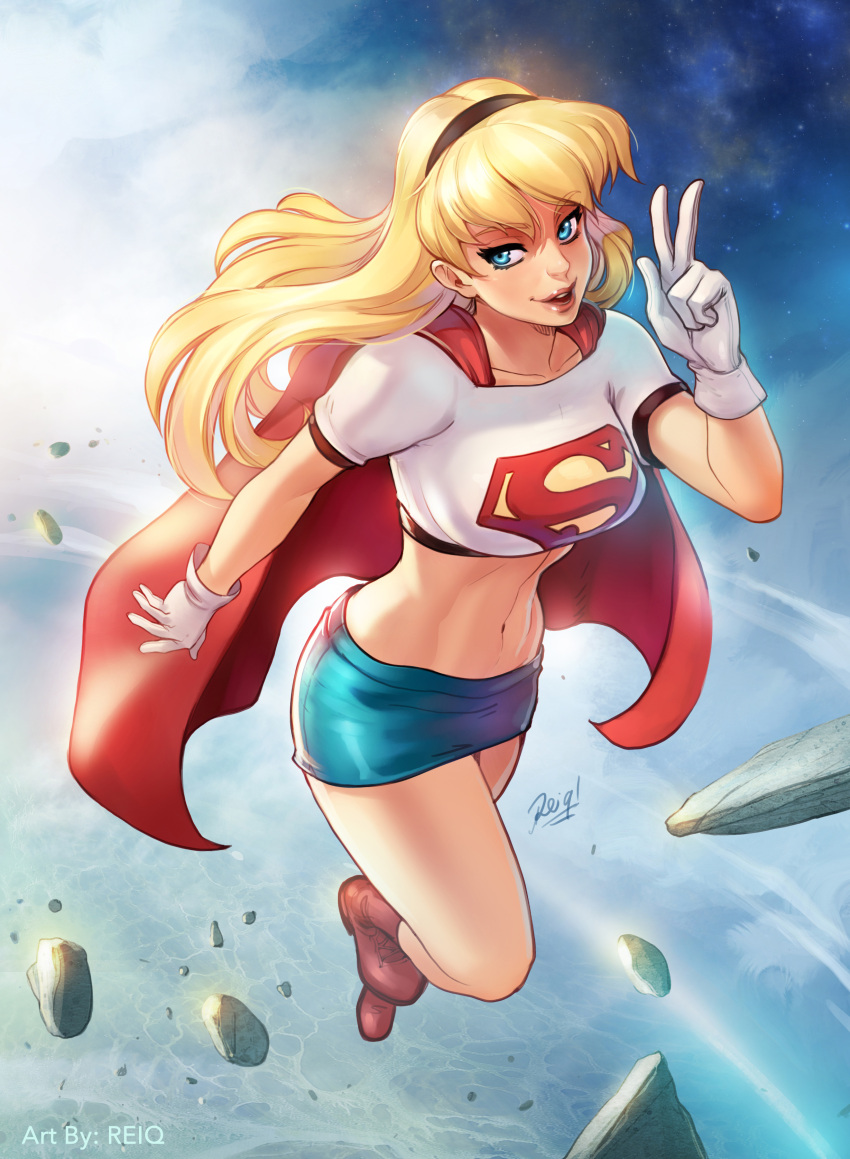 1girl absurdres blonde_hair blue_eyes blue_skirt boots cape collarbone crop_top cross-laced_footwear dc_comics flying full_body gloves hairband highres kryptonian lace-up_boots looking_at_viewer midriff miniskirt navel parted_lips red_boots red_cape red_shoes reiq rock s_shield shirt shoes short_sleeves skirt sky smile solo space supergirl superman_(series) v white_gloves