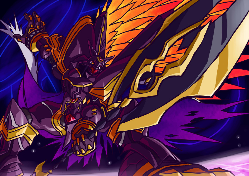 alphamon armor bandai cape digimon full_armor male_focus monster no_humans otokamu royal_knights sword weapon wings