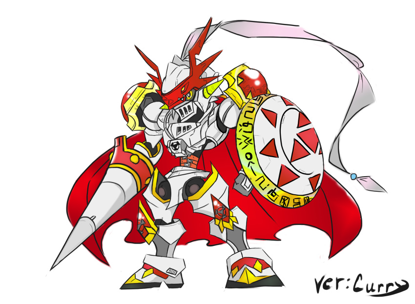 armor cape chibi digimon dukemon full_armor highres knight monster polearm royal_knights shield spear weapon