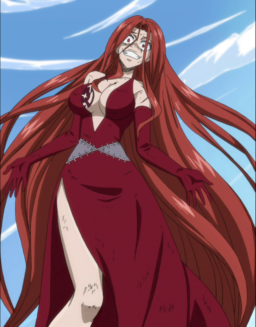 1girl bare_shoulders breasts clouds crazy dirty elbow_gloves fairy_tail flare_corona gloves red_eyes redhead scar screencap solo stitched tattoo tattooed_breast
