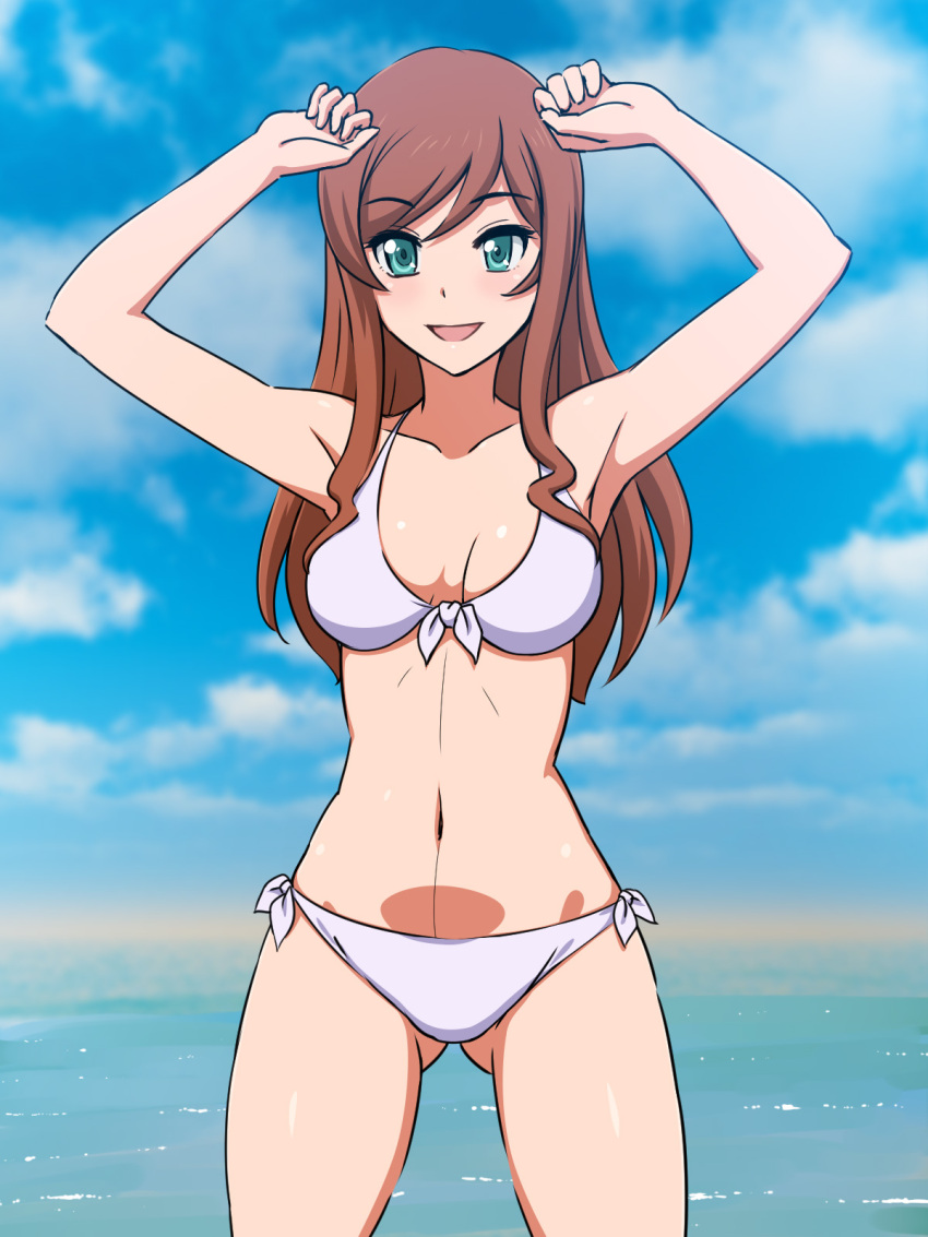 1girl arms_up bikini blush breasts brown_hair green_eyes gundam gundam_build_fighters gundam_build_fighters_try happy highres kamiki_mirai legs long_hair looking_at_viewer navel ocean open_mouth sky smile solo standing swimsuit thighs water yuki_(12cut)