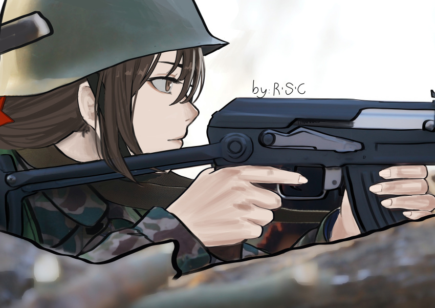 1girl absurdres artist_name assault_rifle bangs brown_eyes brown_hair camouflage camouflage_jacket closed_mouth eyebrows_visible_through_hair girls_frontline gun hair_between_eyes hat helmet highres holding holding_gun holding_weapon jacket long_hair looking_away military military_hat military_uniform profile rifle rsc solo type_56-1_(girls'_frontline) type_56_assault_rifle uniform upper_body weapon white_background