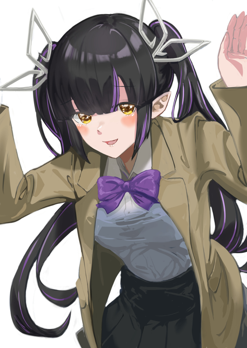 1girl absurdres bangs black_hair black_skirt blush bow bowtie breasts brown_jacket collared_shirt commentary_request cowboy_shot demon_girl demon_horns eyebrows_visible_through_hair highres horns jacket kojo_anna long_hair long_sleeves medium_breasts multicolored_hair open_mouth pleated_skirt pointy_ears purple_bow purple_bowtie purple_hair sankyo_(821-scoville) shirt simple_background skirt smile sugar_lyric transparent_background twintails two-tone_hair virtual_youtuber white_shirt yellow_eyes