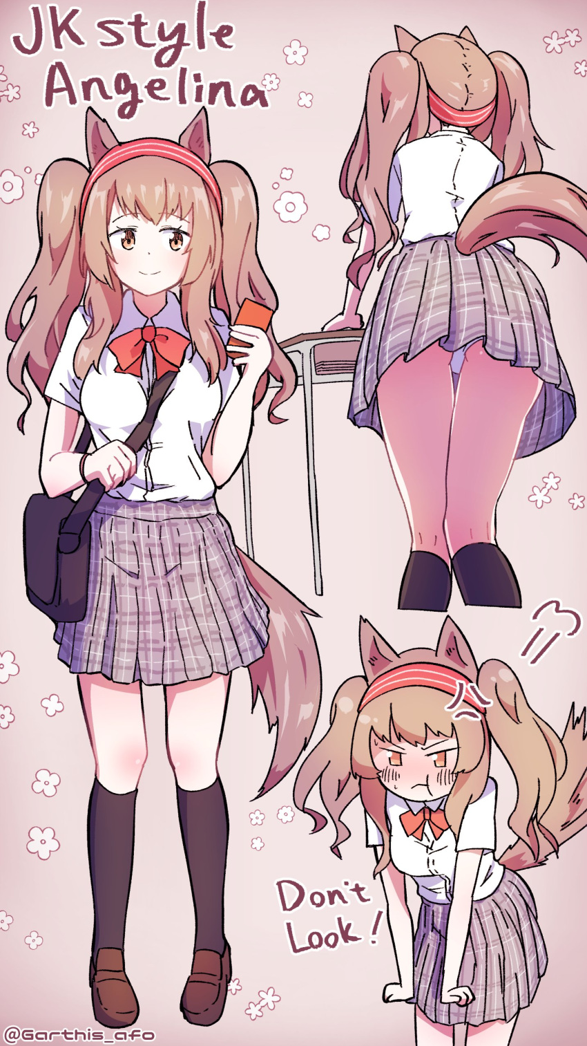 1girl a.f.o absurdres alternate_costume angelina_(arknights) animal_ears arknights bangs blush bow brown_eyes brown_hair closed_mouth english_text fox_ears fox_girl fox_tail highres long_hair miniskirt panties pout school_uniform short_sleeves skirt solo tail twintails underwear