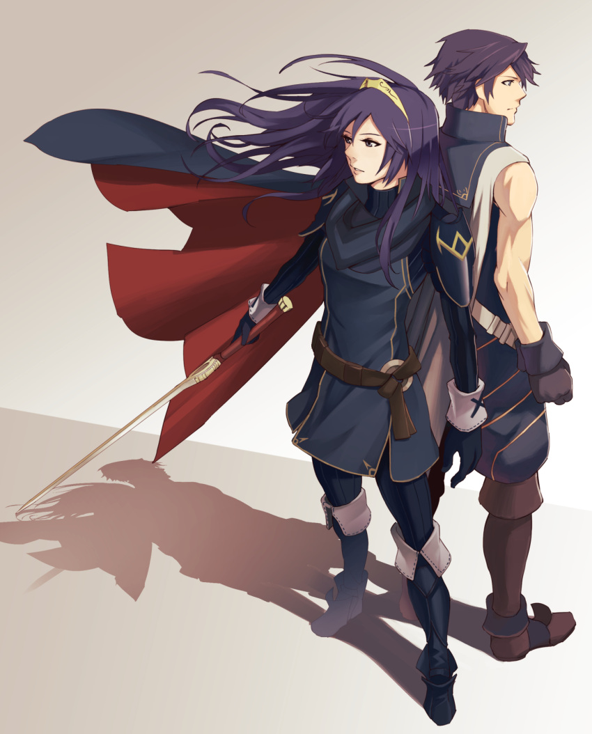 1boy 1girl back-to-back blue_hair cape father_and_daughter fire_emblem fire_emblem:_kakusei krom lucina red_aphelion shoulder_pads sleeveless sword