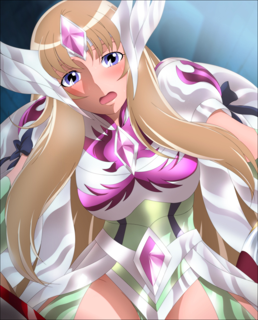 1girl absurdres aquila_yuna armor blonde_hair blue_eyes blush breasts helmet highres large_breasts legs long_hair looking_at_viewer open_mouth pegasus_koga saint_seiya saint_seiya_omega simple_background sitting sitting_on_person solo_focus thighs yadokari_genpachirou