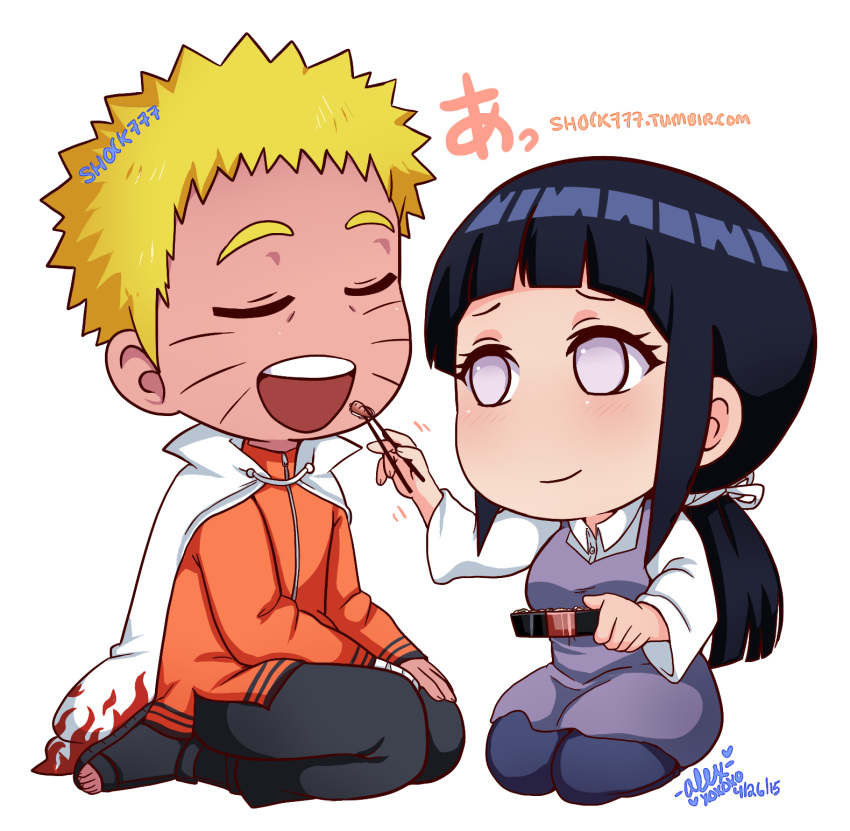 1boy 1girl blonde_hair cape chibi chopsticks closed_eyes feeding husband_and_wife hyuuga_hinata kneeling low_ponytail naruto purple_hair smile spiky_hair toeless_boots uzumaki_naruto whiskers