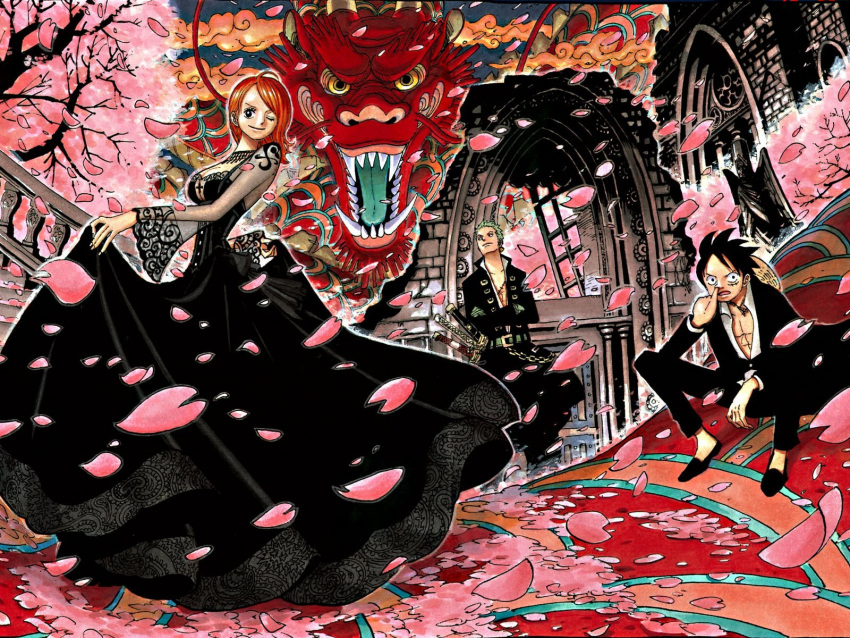 1girl 2boys abs belt black_dress black_hair black_shoes cherry_blossoms cherry_tree color_spread cover cover_page crossed_arms dragon dress earrings flower formal green_hair hat headwear_removed jacket jewelry lace_sleeves long_sleeves monkey_d_luffy multiple_boys nami_(one_piece) necklace oda_eiichirou official_art one_eye_closed one_piece open_clothes open_shirt orange_hair petals roronoa_zoro ruins scar sheathed_sword shirt shoes sitting stairs stampede_string statue straw_hat suit tattoo tree wink