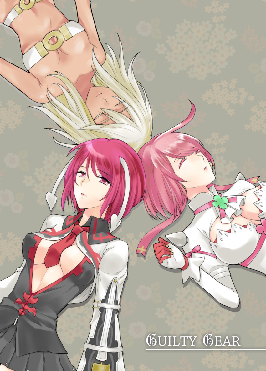 3girls ahoge arc_system_works bare_shoulders beltbra breasts center_opening cleavage cleavage_cutout closed_eyes clover dark_skin dress elphelt_valentine female four-leaf_clover gloves guilty_gear guilty_gear_2 guilty_gear_xrd large_breasts lips long_hair long_sleeves looking_at_viewer lying multiple_girls on_back open_mouth parted_lips pink_hair platinum_blonde ramlethal_valentine red_eyes redhead ribbon shio_kirrameru short_hair sleeping smile valentine_(guilty_gear) wedding_dress white_dress