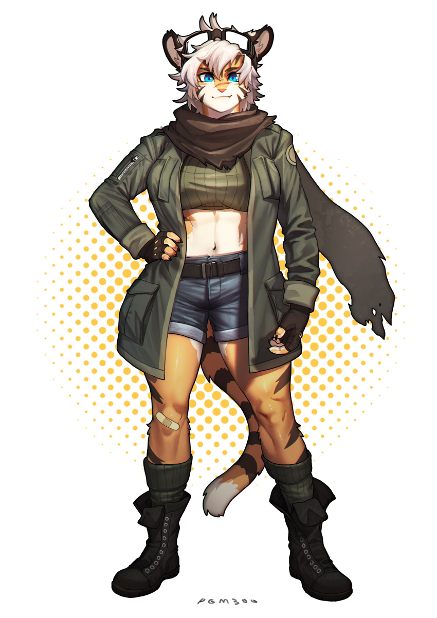 1girl absurdres artist_name bandaid bandaid_on_knee belt belt_buckle blue_eyes boots breasts buckle commission denim denim_shorts dotted_background fang fingerless_gloves full_body furry furry_female gloves goggles goggles_on_head hair_between_eyes highres jacket kneehighs large_breasts long_sleeves looking_at_viewer midriff navel orange_background original pgm300 scarf short_hair shorts smile solo standing two-tone_background watermark white_background white_hair