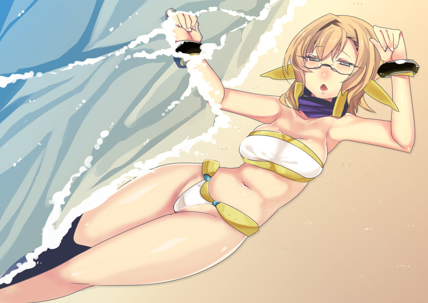 1girl absurdres armpits beach bikini brown_hair character_request elf female glasses highres kyoukaisenjou_no_horizon lying on_back open_mouth pointy_ears ryou_homare sand solo swimsuit water