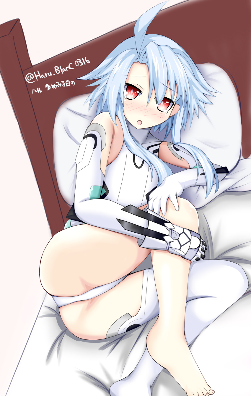 1girl ahoge ass bare_shoulders barefoot bed blanc blue_hair blush bodysuit choujigen_game_neptune compile_heart elbow_gloves gauntlets gloves haru_blanc0316 highres idea_factory leotard looking_at_viewer lying neptune_(series) on_side open_mouth parted_lips red_eyes short_hair_with_long_locks sidelocks solo symbol-shaped_pupils tears thigh-highs white_heart