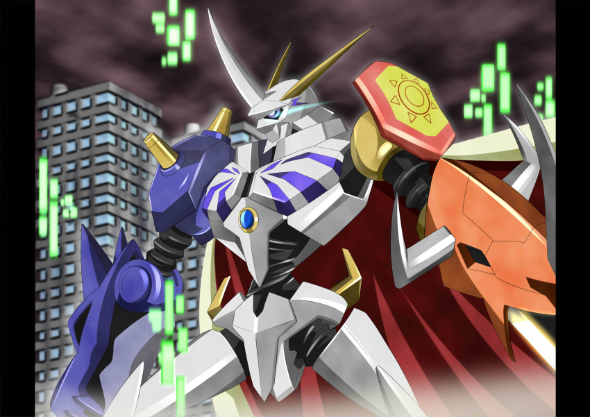 absurdres armor bandai cape city digimon fangs full_armor green_eyes highres horns no_humans omegamon royal_knights sword weapon