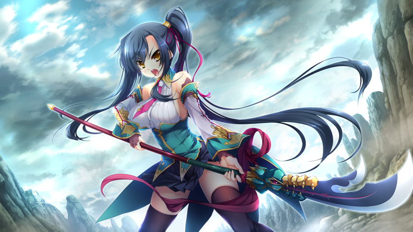 1girl bare_shoulders black_legwear blue_hair blush bouncing_breasts breasts clouds fighting_stance game_cg hikage_eiji kan'u katagiri_hinata koihime_musou large_breasts legs long_hair looking_at_viewer open_mouth serious side_ponytail skirt sky standing thighs weapon yellow_eyes