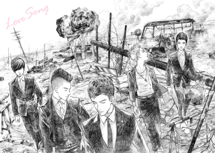 5boys barricade bigbang car caution_tape closed_eyes daesung explosion fire formal g-dragon ground_vehicle hair_over_one_eye hand_in_pocket jewelry k-pop male_focus monochrome motor_vehicle multiple_boys necklace necktie open_clothes open_shirt road_block ruins sash seungri_(bigbang) shirt suit t.o.p_(bigbang) taeyang telephone_pole waistcoat walking wire