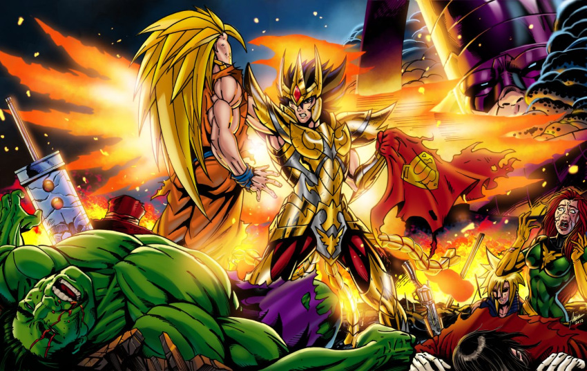 alucard armor black_hair blonde_hair blood cape cloud_strife crossover dragon_ball epic fighting final_fantasy galactus hellsing helmet hulk jean_grey marvel phoenix_ikki saint_seiya son_gokuu super_saiyan superman violence wings