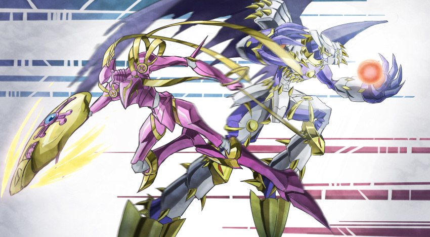 00s 2boys armor claws digimon digimon_frontier dk_(13855103534) dynasmon epic flying full_armor gauntlets helmet highres horns lordknightmon monster multiple_boys no_humans royal_knights shield shoulder_pads weapon wings