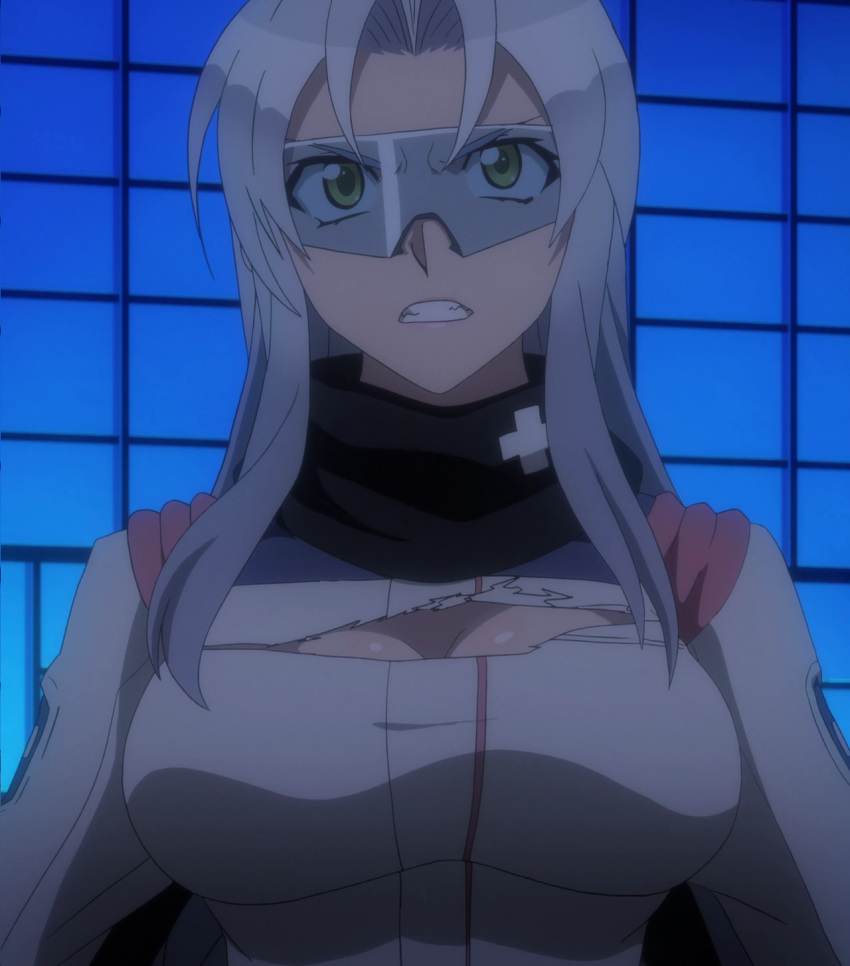1girl angry breasts clenched_teeth female kiba_mikoto large_breasts solo standing stitched sunglasses teeth torn_clothes triage_x visor white_hair yellow_eyes