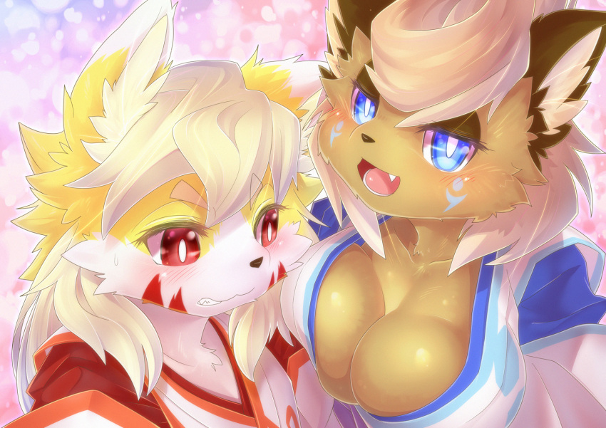 2girls blue_eyes blush breast_envy breasts cleavage female fox furry japanese_clothes large_breasts multiple_girls noa open_mouth red_eyes