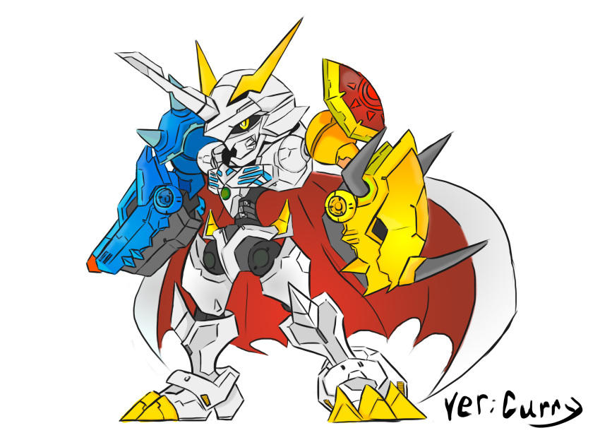 arm_cannon armor cape chibi digimon full_armor highres horns monster no_humans omegamon omegamon_x royal_knights solo weapon