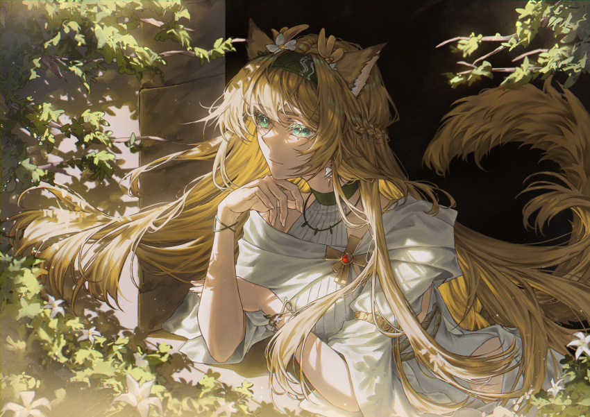 1girl animal_ears arknights black_hairband blonde_hair closed_mouth dress earrings flower green_eyes hair_between_eyes hair_flower hair_ornament hairband hand_on_own_arm head_rest highres hip_vent horn_(arknights) horn_(to_effloresce_whitely)_(arknights) jewelry leotard long_hair lux_arts official_alternate_costume smile solo tail upper_body very_long_hair white_dress white_flower white_leotard wolf_ears wolf_girl wolf_tail wristband