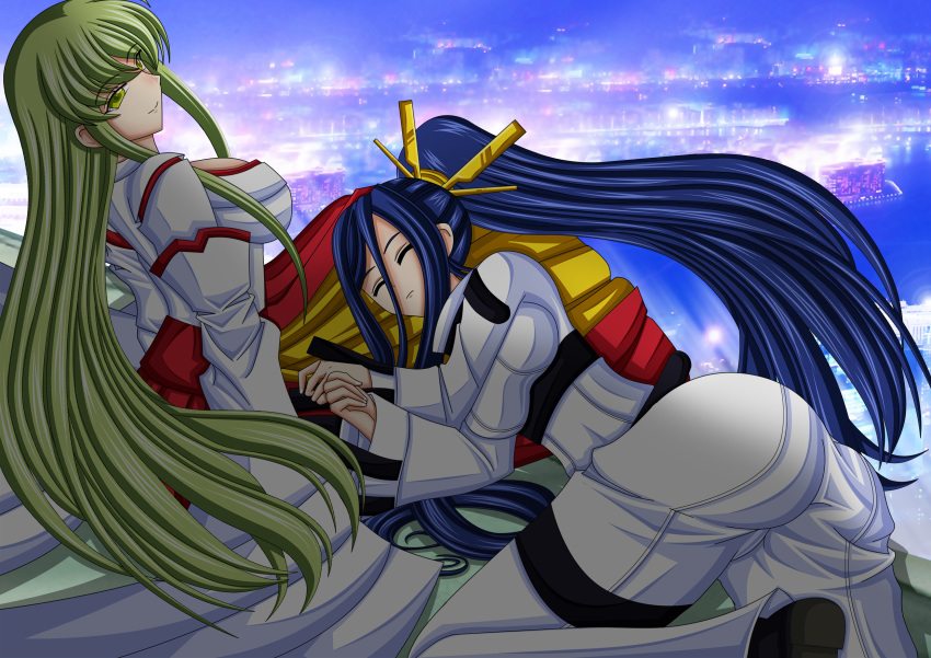 2girls arc_system_works ass belt blazblue bodysuit boots breasts c.c. c.c._(cosplay) closed_eyes code_geass cosplay costume_switch crossover from_behind green_hair hades_izanami hades_izanami_(cosplay) hair_ornament highres japanese_clothes lap_pillow large_breasts long_hair long_sleeves lying mikado_(blazblue) mikado_(blazblue)_(cosplay) multiple_girls on_side ponytail purple_hair revision seiyuu_connection seraphina sideboob sitting sleeping smile straitjacket very_long_hair yellow_eyes yukana yuri