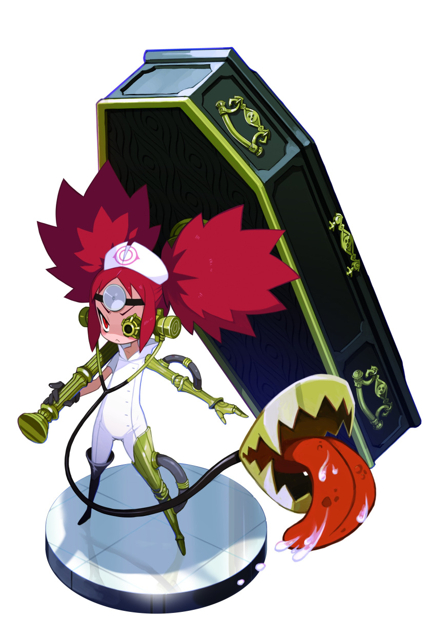 1girl absurdres big_hair black_gloves carrying character_request full_body gloves harada_takehito hat highres majo_to_hyakkihei majo_to_hyakkihei_2 mismatched_legwear nurse_cap official_art red_eyes redhead saliva single_glove solo standing tongue twintails wide_stance