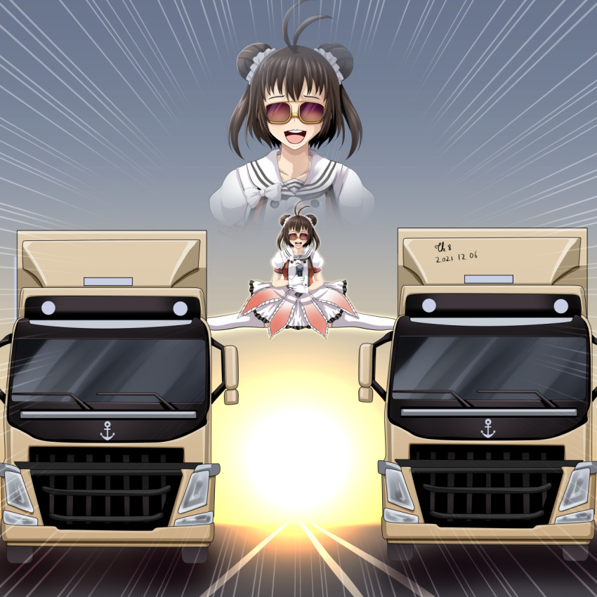 1girl anchor_symbol antenna_hair brown_hair double_bun gloves highres holding holding_microphone idol kantai_collection microphone naka_(kancolle) open_mouth puffy_short_sleeves puffy_sleeves remodel_(kantai_collection) school_uniform serafuku short_sleeves sunglasses thigh-highs tk8d32 white_gloves white_legwear