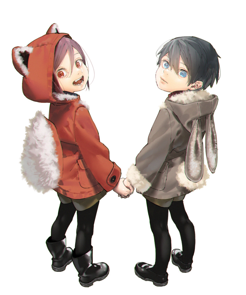 2boys :d animal_ears animal_hood anklet back bangs black_boots black_hair black_legwear black_shoes blue_eyes blue_hair boots bunny_hood child closed_mouth fake_tail fangs fox_ears fox_hood fox_tail free! from_behind full_body fur-lined_jacket fur_trim hair_between_eyes hana_bell_forest hand_holding highres hood hooded_jacket jacket jewelry legs_apart long_sleeves looking_at_viewer looking_back male_focus matsuoka_rin multiple_boys nanase_haruka_(free!) open_mouth pantyhose_under_shorts pocket purple_hair rabbit_ears red_eyes redhead shoes shorts simple_background smile standing tail white_background younger