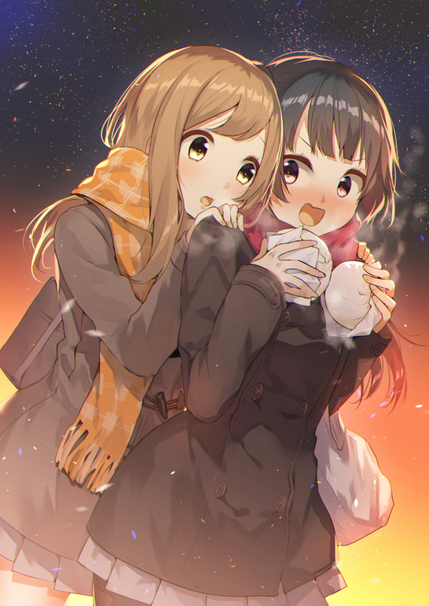 &gt;:d 2girls :d bag bangs baozi bare_legs black_coat black_hair blush brown_coat brown_eyes brown_hair buttons coat cowboy_shot double-breasted dutch_angle food fringe gradient grey_coat hands_on_another's_shoulders highres holding holding_food kunikida_hanamaru light_brown_hair light_particles long_hair long_sleeves looking_at_another looking_to_the_side love_live! love_live!_sunshine!! miniskirt multiple_girls open_mouth orange_scarf outdoors pantyhose plastic_bag pleated_skirt red_scarf scarf school_bag school_uniform shironboako shoulder_bag skirt sky smile standing star_(sky) starry_sky steam surprised tsushima_yoshiko twilight wavy_mouth winter_clothes winter_coat yuri