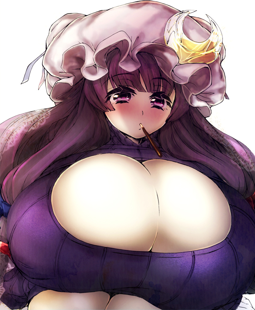 1girl breasts cleavage erect_nipples food gigantic_breasts hat highres long_hair mob_cap open-chest_sweater patchouli_knowledge pocky purple_hair ribbed_sweater sentarou sweater touhou very_long_hair violet_eyes