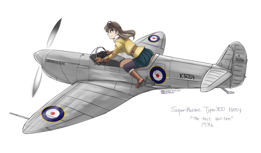 1girl aircraft airplane boots flying gloves goggles goggles_on_head highres military original riding royal_air_force skirt spitfire_(airplane) tokihama_jirou world_war_ii