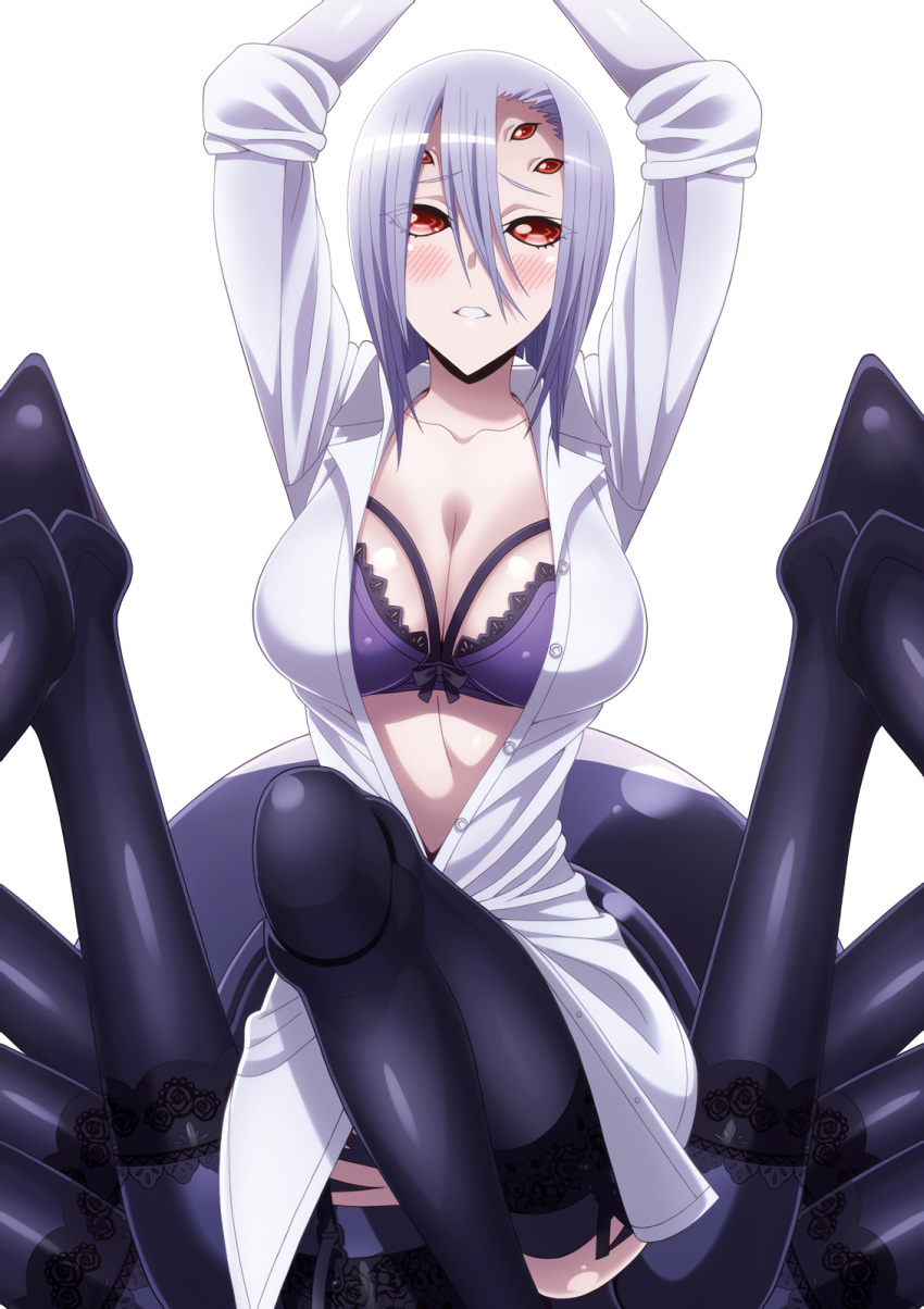1girl arachne arms_up blush bra breasts carapace cleavage cowboy_shot extra_eyes eyes_visible_through_hair garters hair_between_eyes hair_over_one_eye highres insect_girl large_breasts lavender_hair monster_girl monster_musume_no_iru_nichijou multiple_legs official_art open_clothes open_shirt parted_lips rachnera_arachnera red_eyes shirt simple_background solo spider_girl underwear white_background