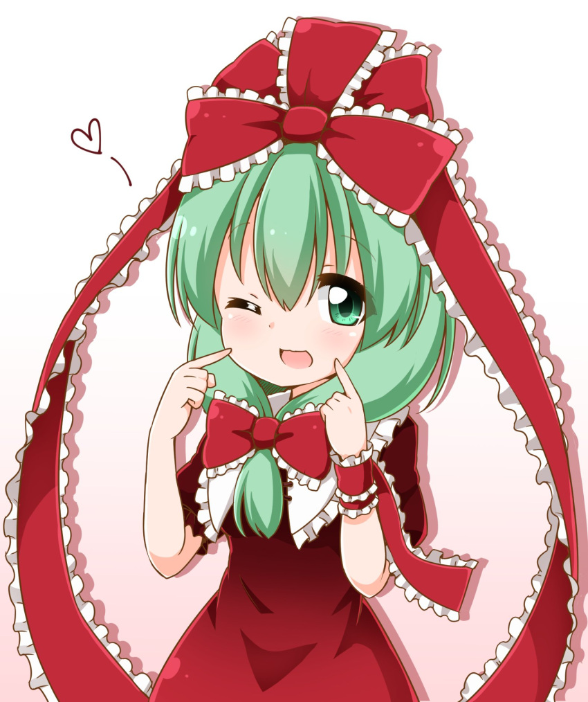 1girl bow collar dress frilled_bow frilled_collar frilled_ribbon frills front_ponytail gradient gradient_background green_eyes green_hair hair_between_eyes hair_bow hair_ribbon heart highres kagiyama_hina looking_at_viewer matching_hair/eyes pink_background puffy_short_sleeves puffy_sleeves red_bow red_dress ribbon short_sleeves single_wrist_cuff solo suwa_yasai touhou upper_body white_background