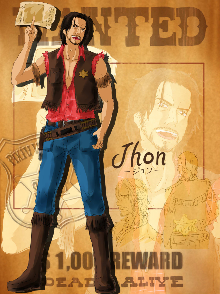 belt black_hair boots facial_hair highres holster isomine male_focus pixiv_western sheriff_badge solo wanted_poster western