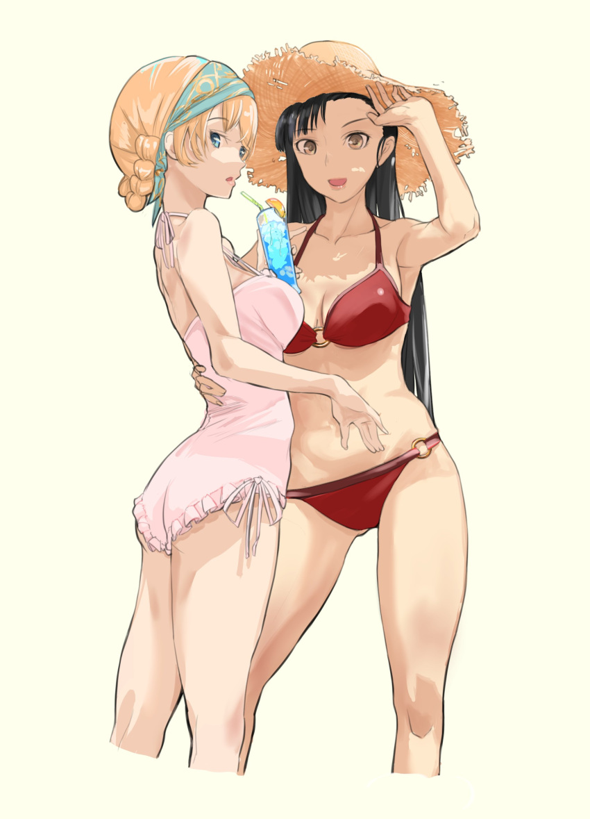 2girls absurdres arm_up beige_background bikini black_hair blonde_hair blue_eyes braid brown_eyes cocktail commentary_request darjeeling_(girls_und_panzer) french_braid frilled_swimsuit frills girls_und_panzer hand_on_another's_waist hat headband highres long_hair looking_at_viewer miki_(tosaibom) multiple_girls nishi_kinuyo o-ring o-ring_bikini one-piece_swimsuit open_mouth red_bikini standing straw_hat swimsuit