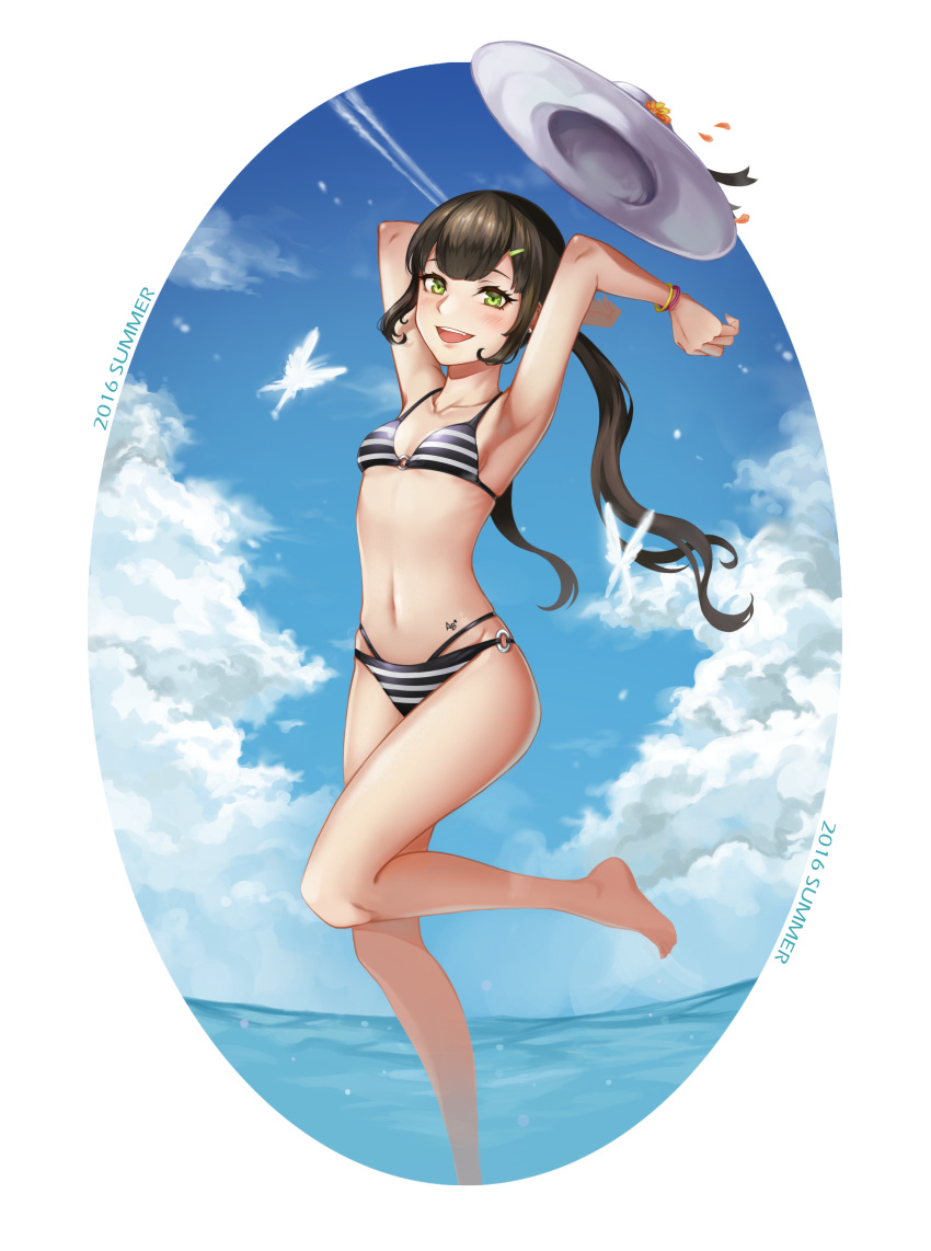 1girl absurdres aliceblue bikini blush brown_hair green_eyes hat highres jumping long_hair looking_at_viewer ocean ponytail smile solo striped striped_bikini sun_hat swimsuit very_long_hair